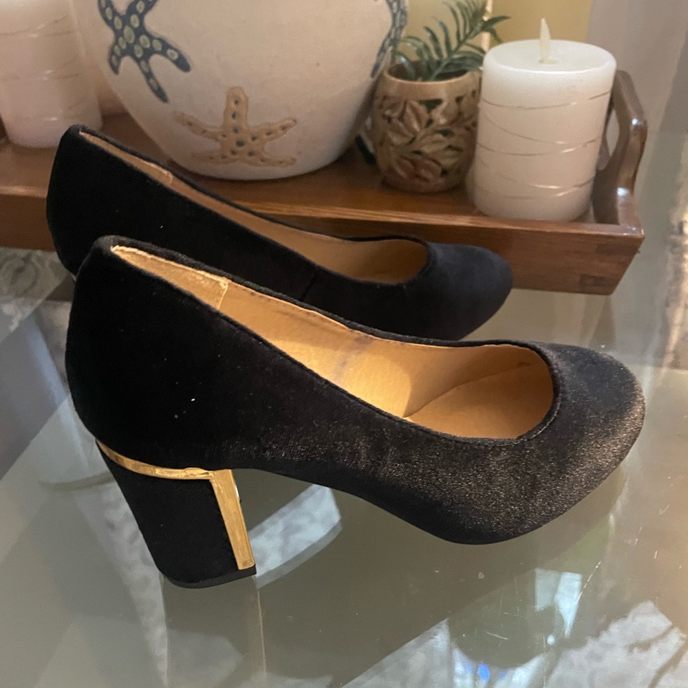 Steve Madden Velvet Black Heels with Gold Accent